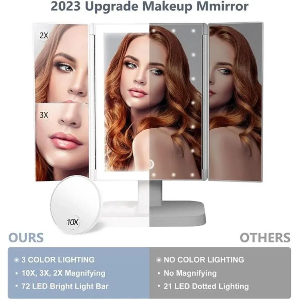 Makeup Mirror with 10X Magnifying Mirror, 3 Color Lighting Modes, 72 LEDs Mirror
